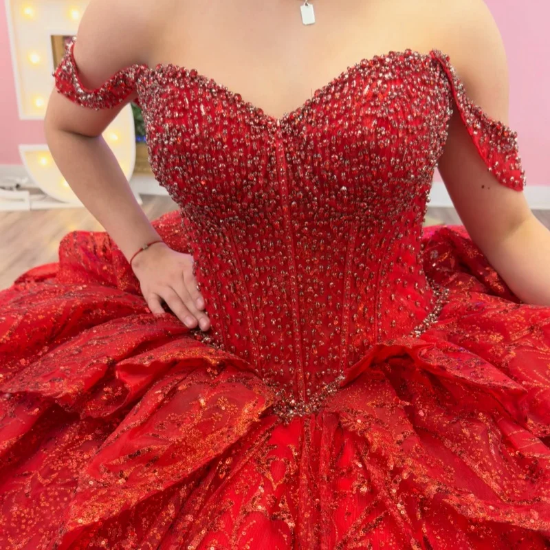 

Shiny Red Quinceanera Dresses Off the Shoulder Glitter Decal Layering Long tail Bow Vestido De 15 Quinceanera Customize