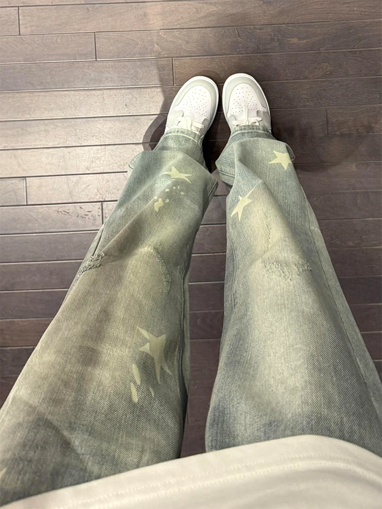 

Waed Star Print Men's Jeans Spring Faionable Loose Fit Long Pants Bell Bot American High Street Sle Youth Wear