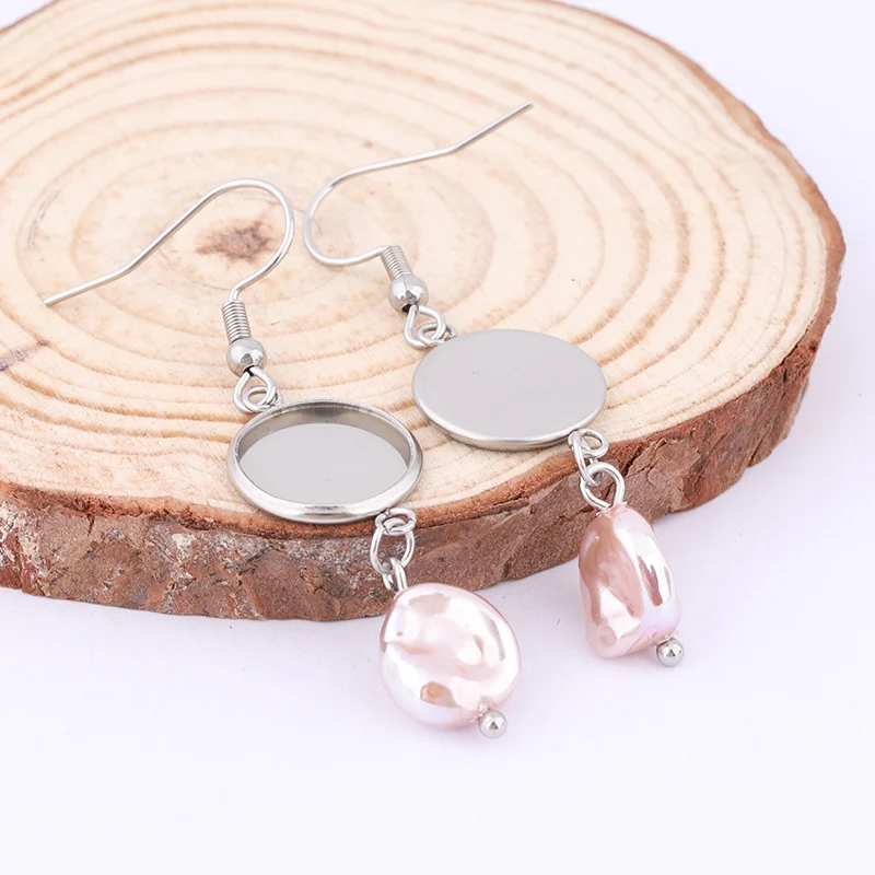 6pcs 그레이 핑크 진주 귀걸이 기본 공백 매달려 12mm 카보 숑 설정 트레이 Diy 귀고리 보석 만들기위한 결과