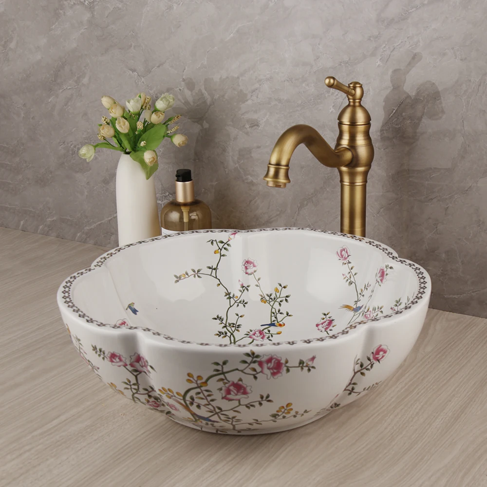 KEMAIDI Porcelain Bathroom Ceramic Vessel Sinks  Above Counter Flower Bird Pattern Vanity Bowl Sinks for Bathrooms Faucet Combo