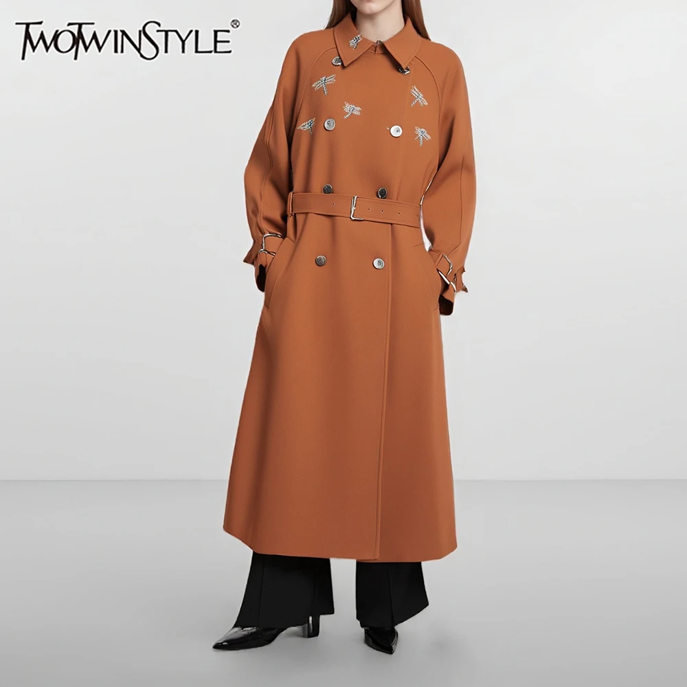 

TWOTWINSTYLE Solid Spliced Embroidery Temperament Blends for Women Lapel Long Sleeves Patchwork Double Breasted Blend Female New