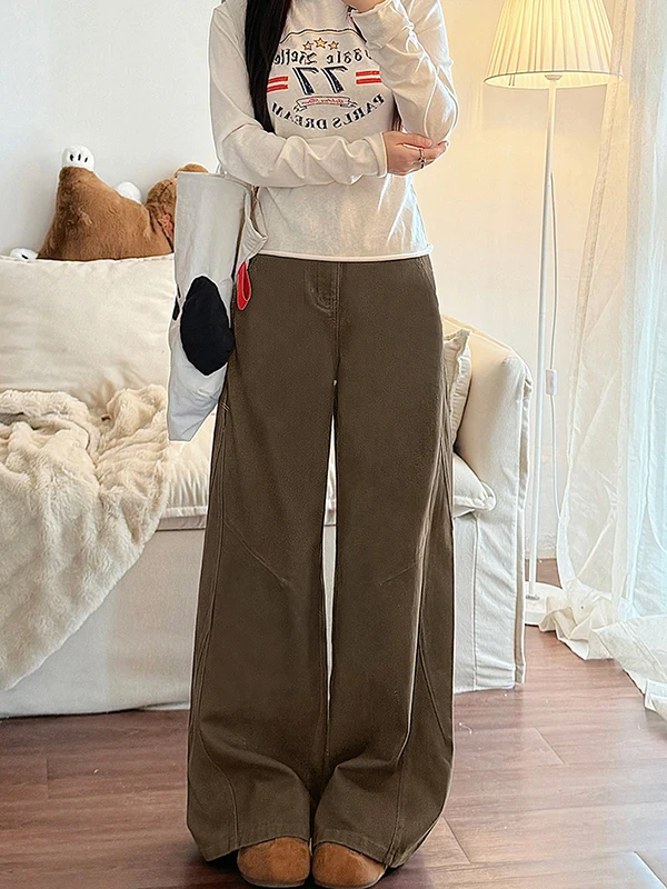 

Женские джинсы-брюки из коричневой американской воловьей кожи в стиле ретро, с высокой талией, свободные, широкие, прямого кроя, осенне-зимние