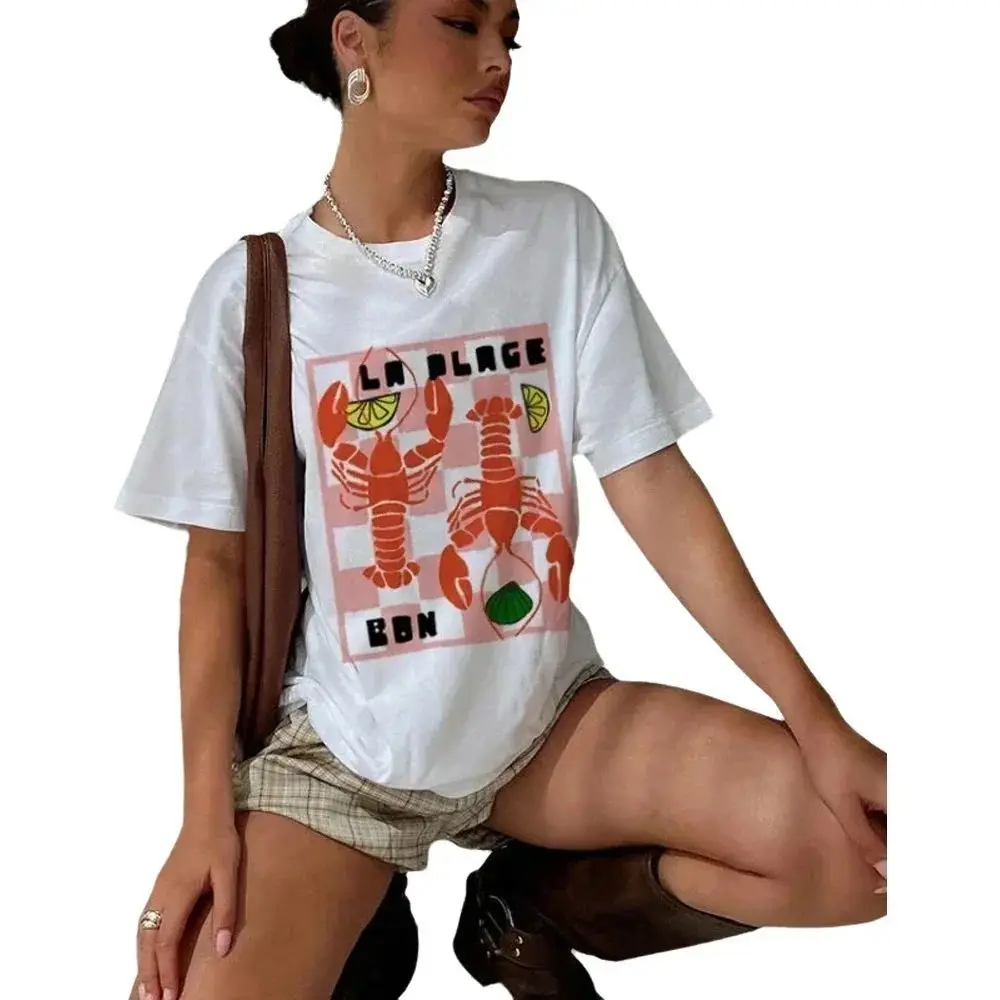 

Women's Retro Lobster Lover T-Shirt Short Sleeve Aesthetic Seafood Vacation Graphic Top Egirl Cute Fashion Female Clothing
