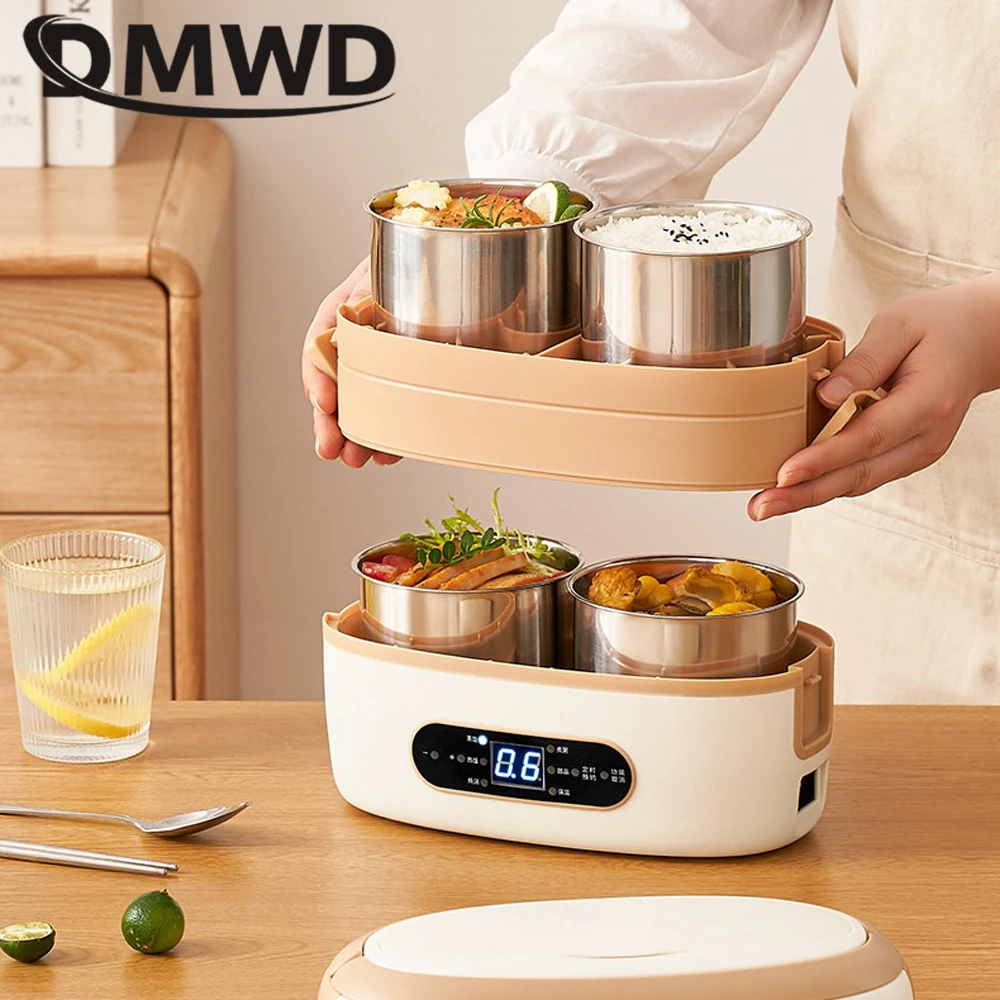DMWD Portable Lunch Box 2L Food Heating Cooking Machine Egg Steamer Office Warmer Rice Cooker 9.3H Appointment 4 Liner 220V