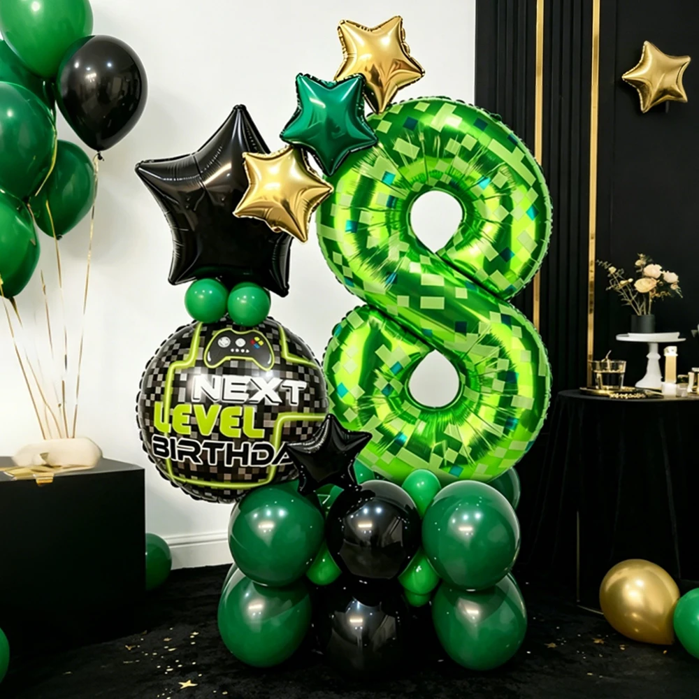 Ensemble de ballons numériques verts à pixels de 40 pouces, ballons pentagrammes 0-9 pour la décoration de fête d'anniversaire des garçons et la décoration d'anniversaire