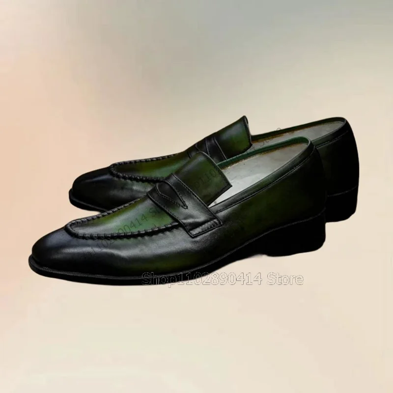 Sapato de slip-on casual masculino, luxuoso, artesanal, festa, banquete, verde, preto, cor gradiente, design de costura, moda masculina