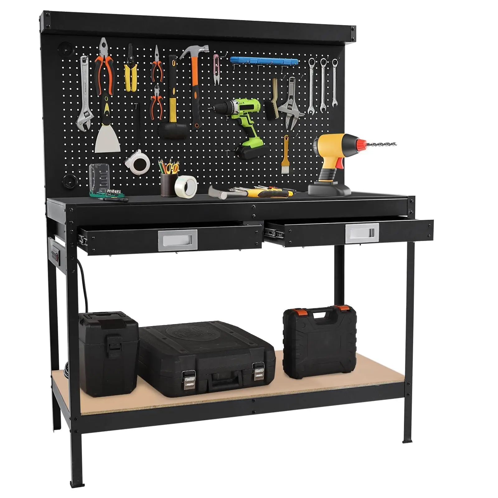 

Adjustable Workbench 60 Inch Heavy Duty Rolling Garage Work Table With Rubber Wood Top And Cold Rolled Steel Drawer ETL Certified AC 125V 12A Power Strip 9 Foot Cord Pegboard Black For Office Garage Use