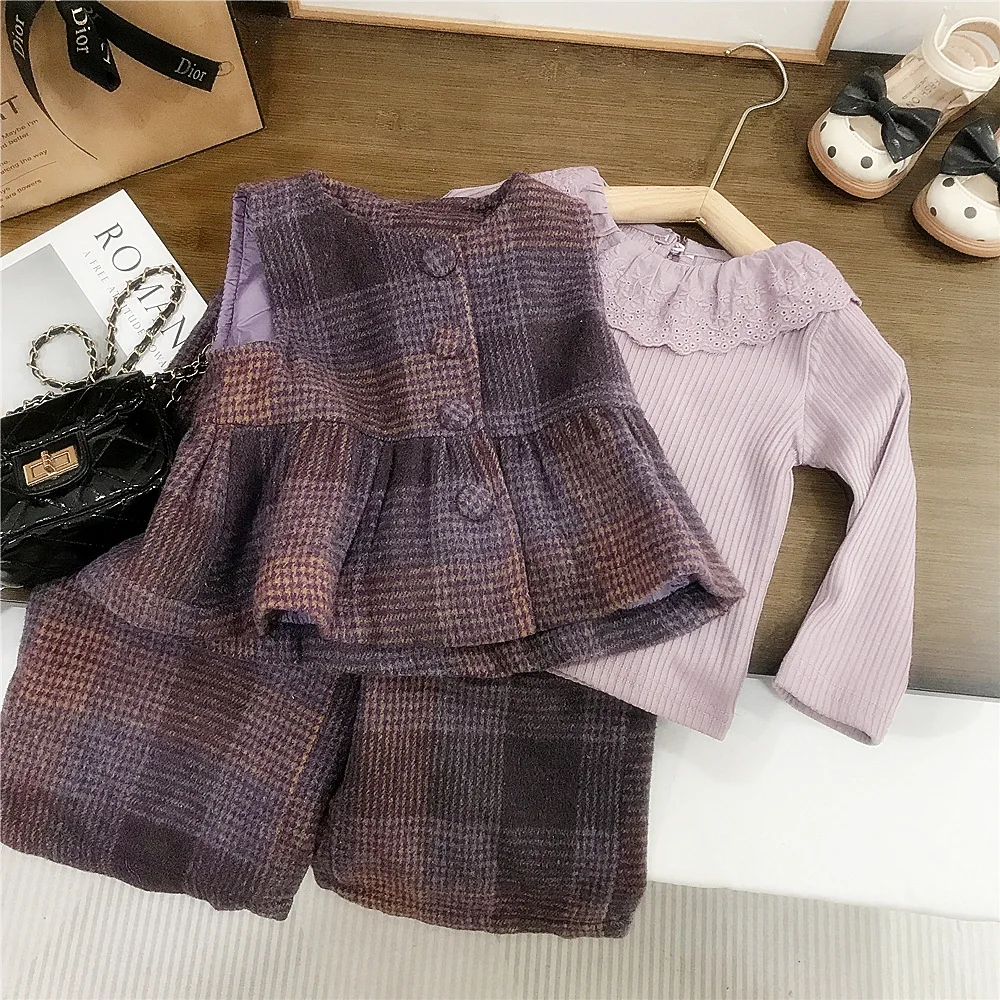 Girls' Set Spring and Autumn New Style Children's Western Fashion Baby Girl Autumn Woolen Checkered Autumn Set Three Piece