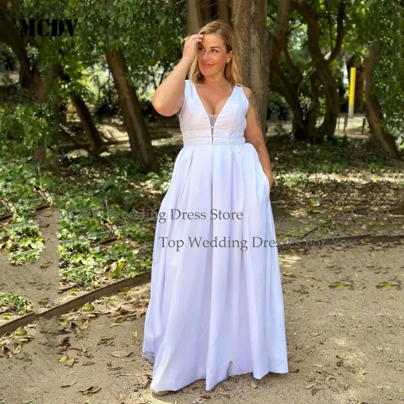 

MCDV Plus Size Satin Wedding Dresses V Neck Sleeveless A Line Beading Lace Up Classic Bride Gown Custom EVON BRIDAL