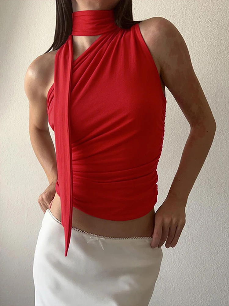 Sexy Red Tank Top New Summer Women\'s Sleeveless One Shoulder Casual Bodycon Streetwear Top Fashion Ribbons Slim Party Lady Tank