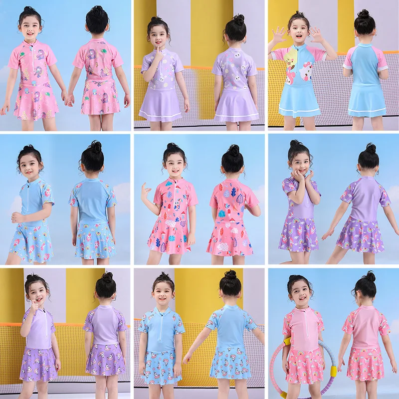 

3-12Year Cute Kids Girls Cartoon Unicorn Print Swimming Dress Short Sleeve Front Zip Bathing Surfing Dress Beachwear Swimwear