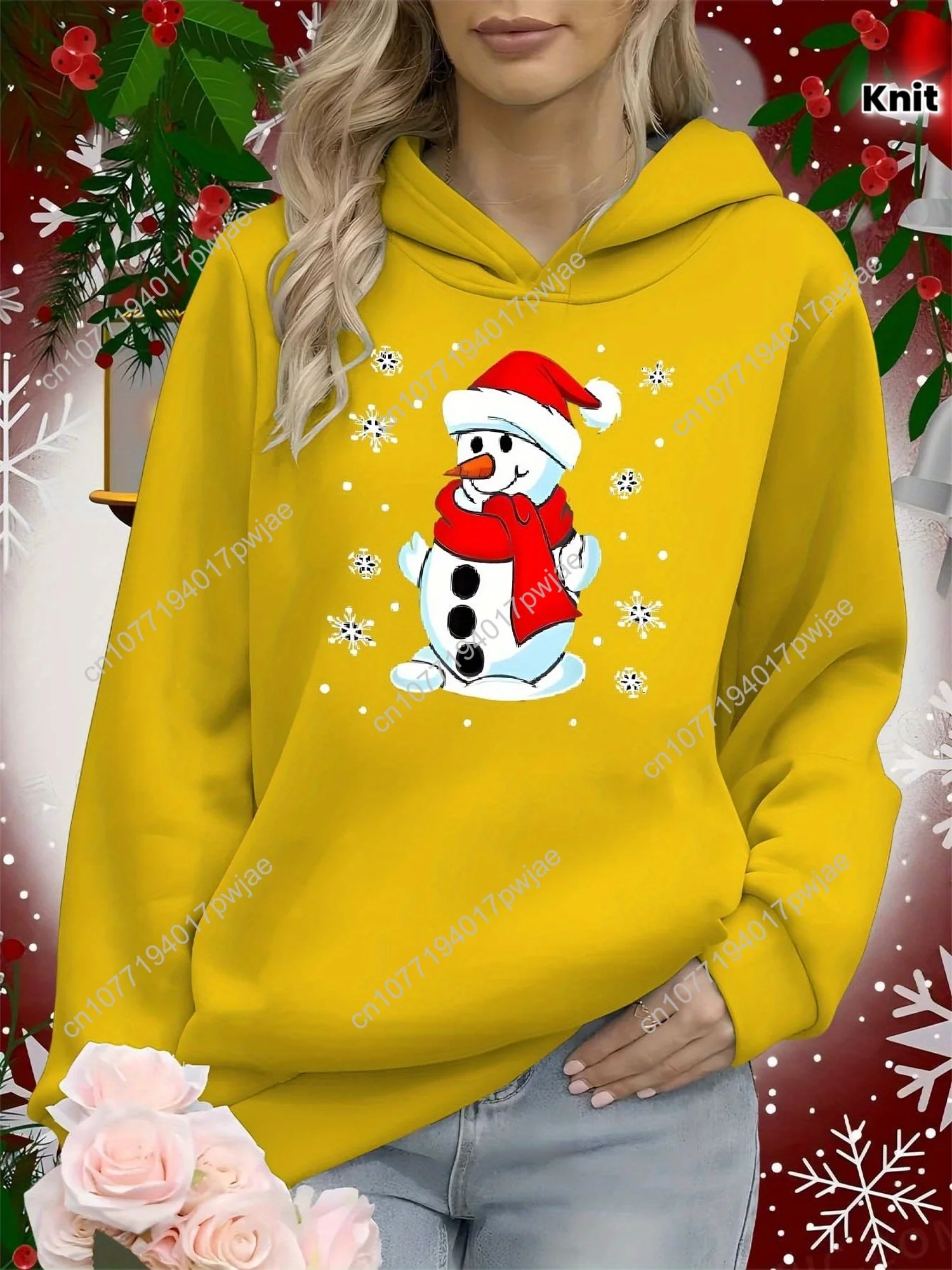 

Women's Festive Snowman Hoodie, Casual Knit Pullover with Hood, Polyester Fabric, Holiday Letter Print, Autumn/Winter Fashion Sw