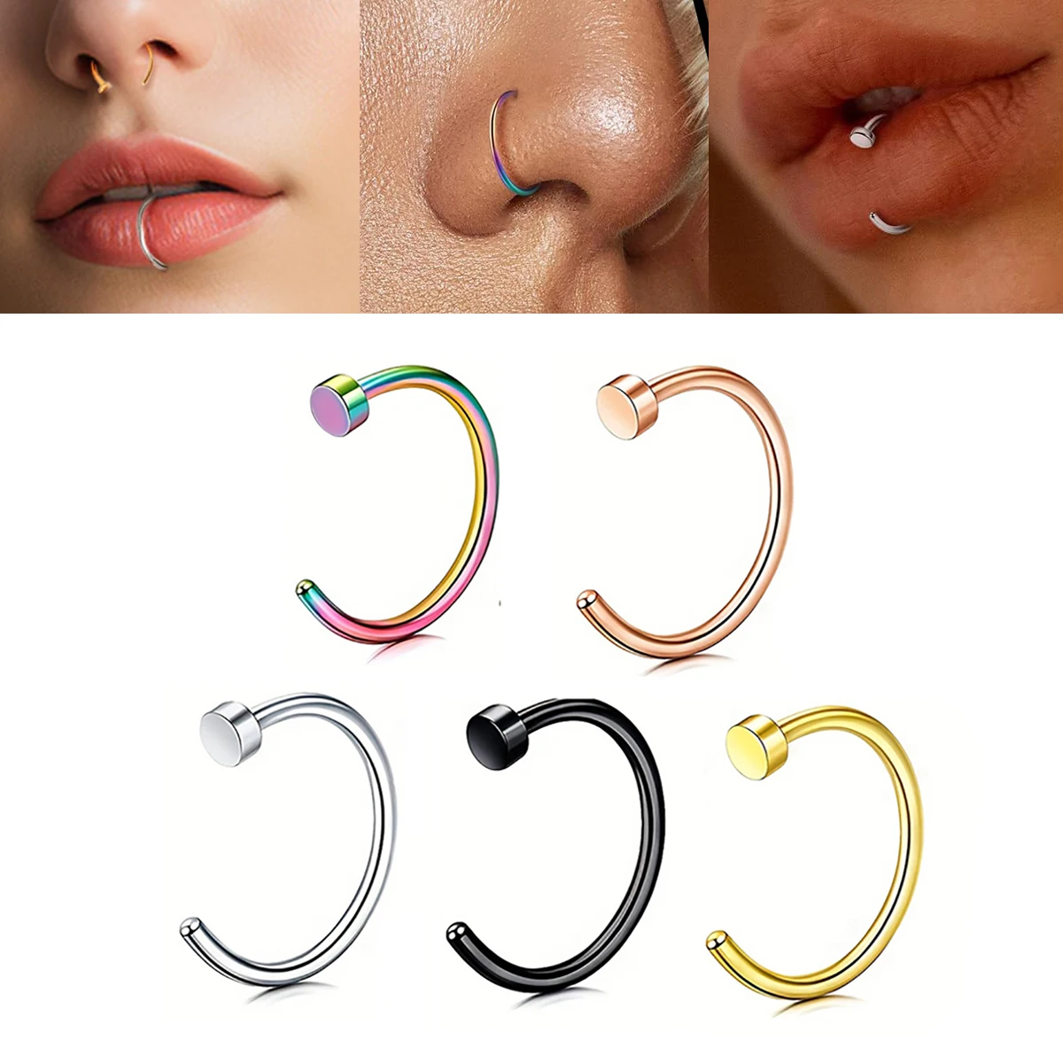 2-10pcs Non Piercing Fake Nose Ring C-Shape Faux Nose Ring 20G Thin Nose Clip Lip Cartilage Conch Daith Helix Ring Earrings 8mm