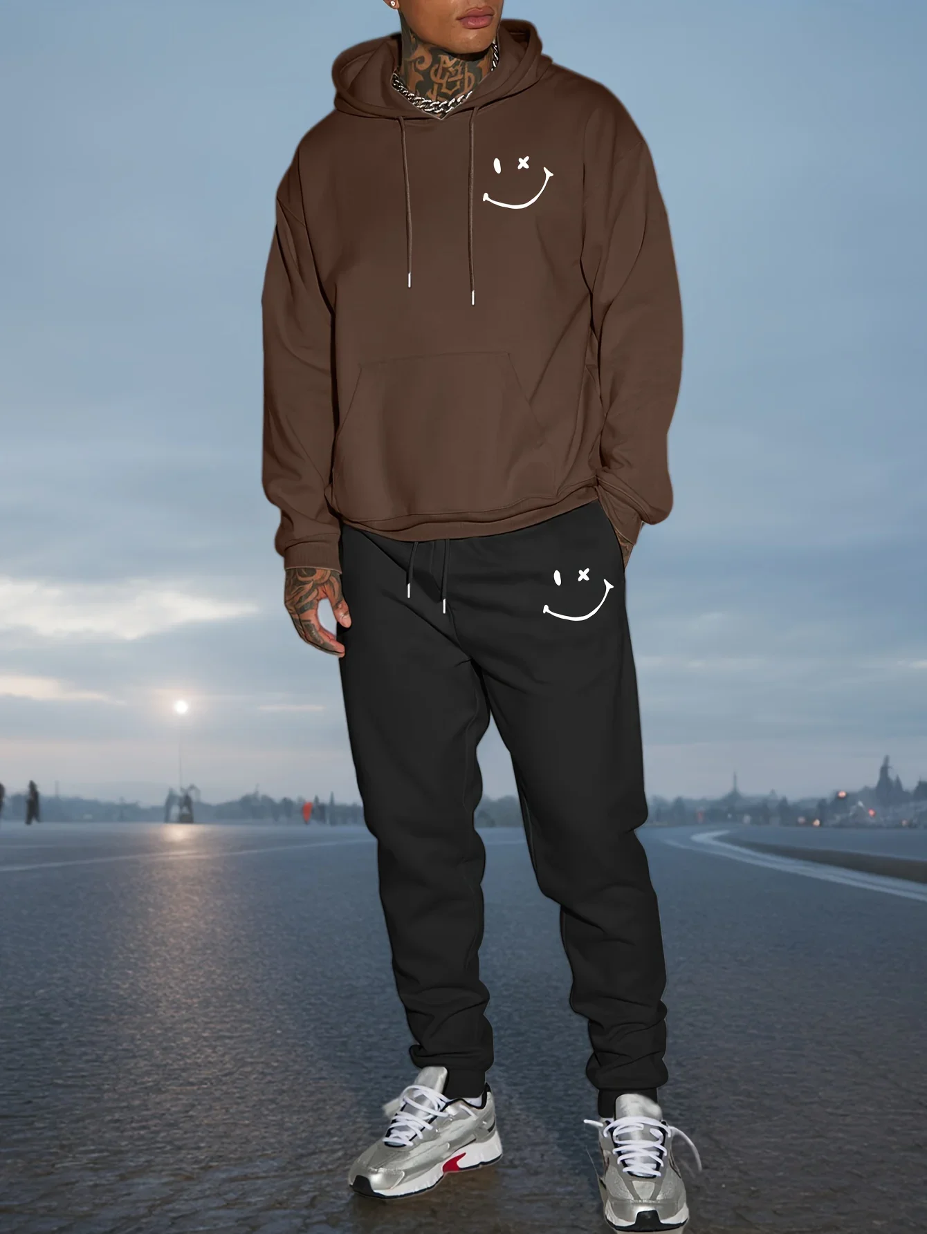 New autumn hoodie hooded set for men and women with sporty style smiley face print with drawstring and pocket as a gift view 5