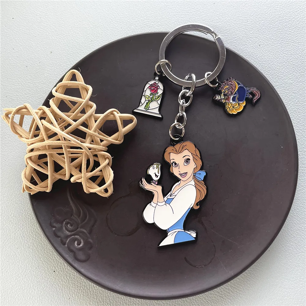 Disney Beauty and the Beast Princess Anime Cartoon Metal Keychain Gifts for woman girl