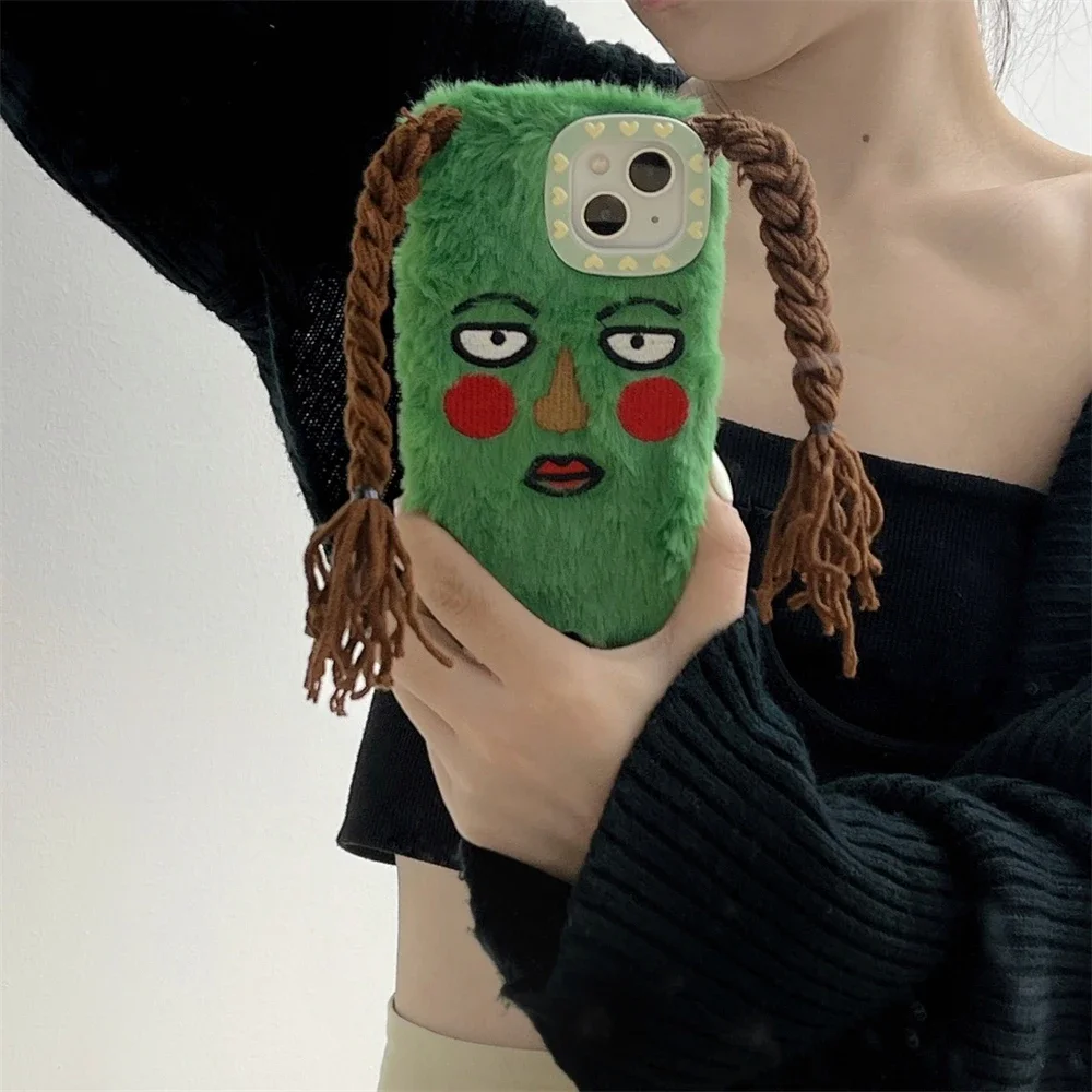 Korean Cute Funny Ugly Blush Face Fur Case For iPhone 15 14 13 12 Pro Max 11 Cartoon DIY Braids Plush Shockproof Soft Cover