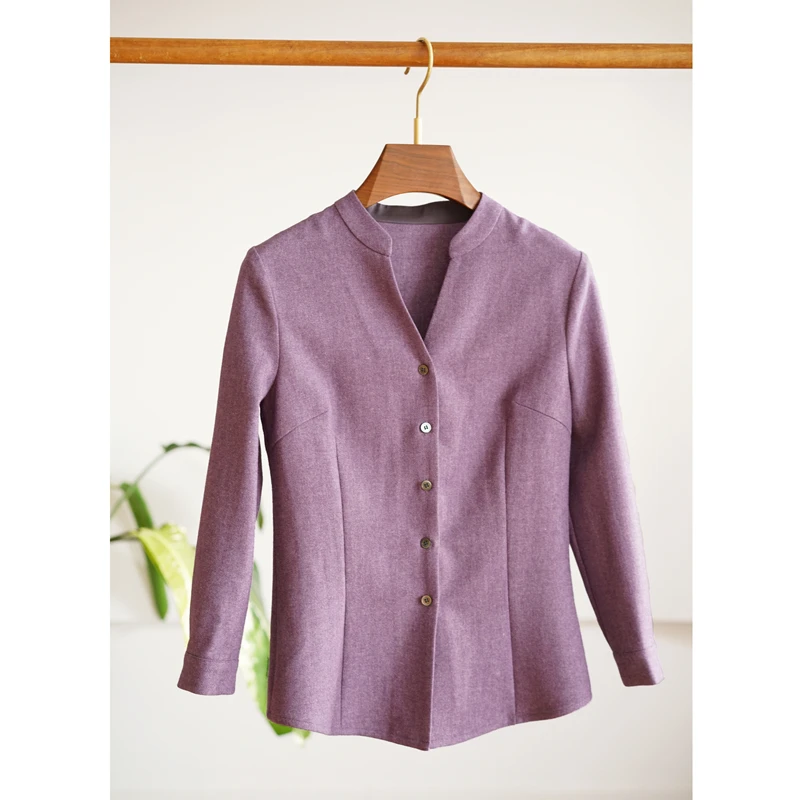 

Thiened Woolen irt for Women Purple Floral V-ne Long Sve Slim Fit Autumn Winter Office Commute Small Size Button up