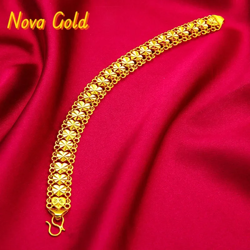 

NovaGlod 24K Gold Heart S-Clasp Wide Bracelet | AU999 Pure Gold, 3D heart-embellished S-clasp, wide band for an elegant daily lo