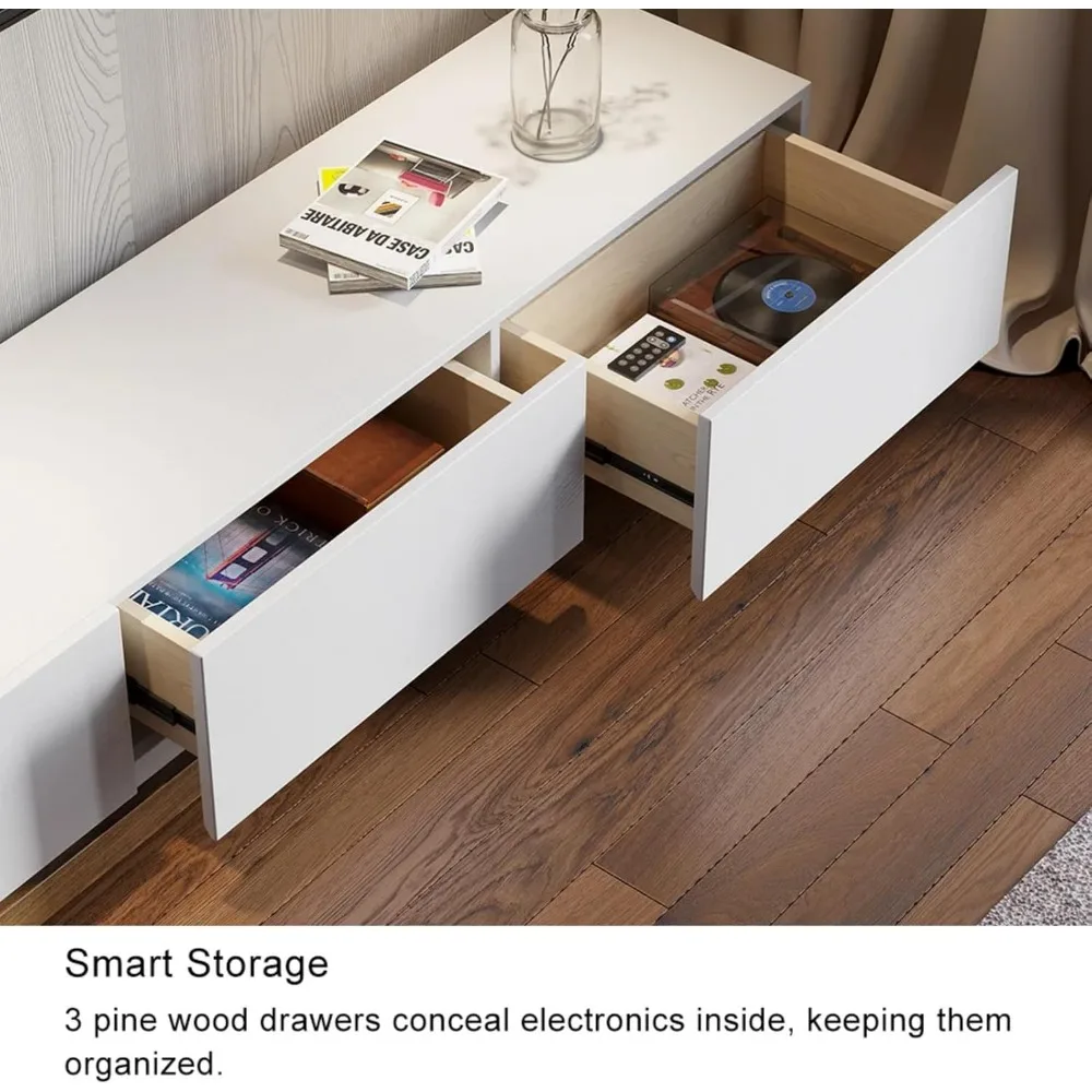 Wood Extendable TV Stand Rectangle Entertainment Center with Shelves & Drawers White & Walnut Media Console for Living Room