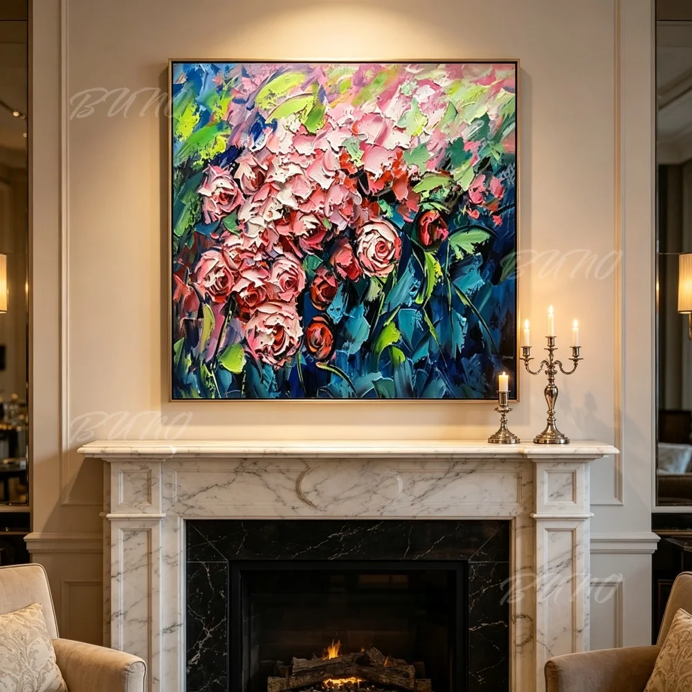 100-手描きのオリジナル抽象油絵、質感のあるピンクのバラの花束、家のリビングルームや寝室の装飾用ウォールアート