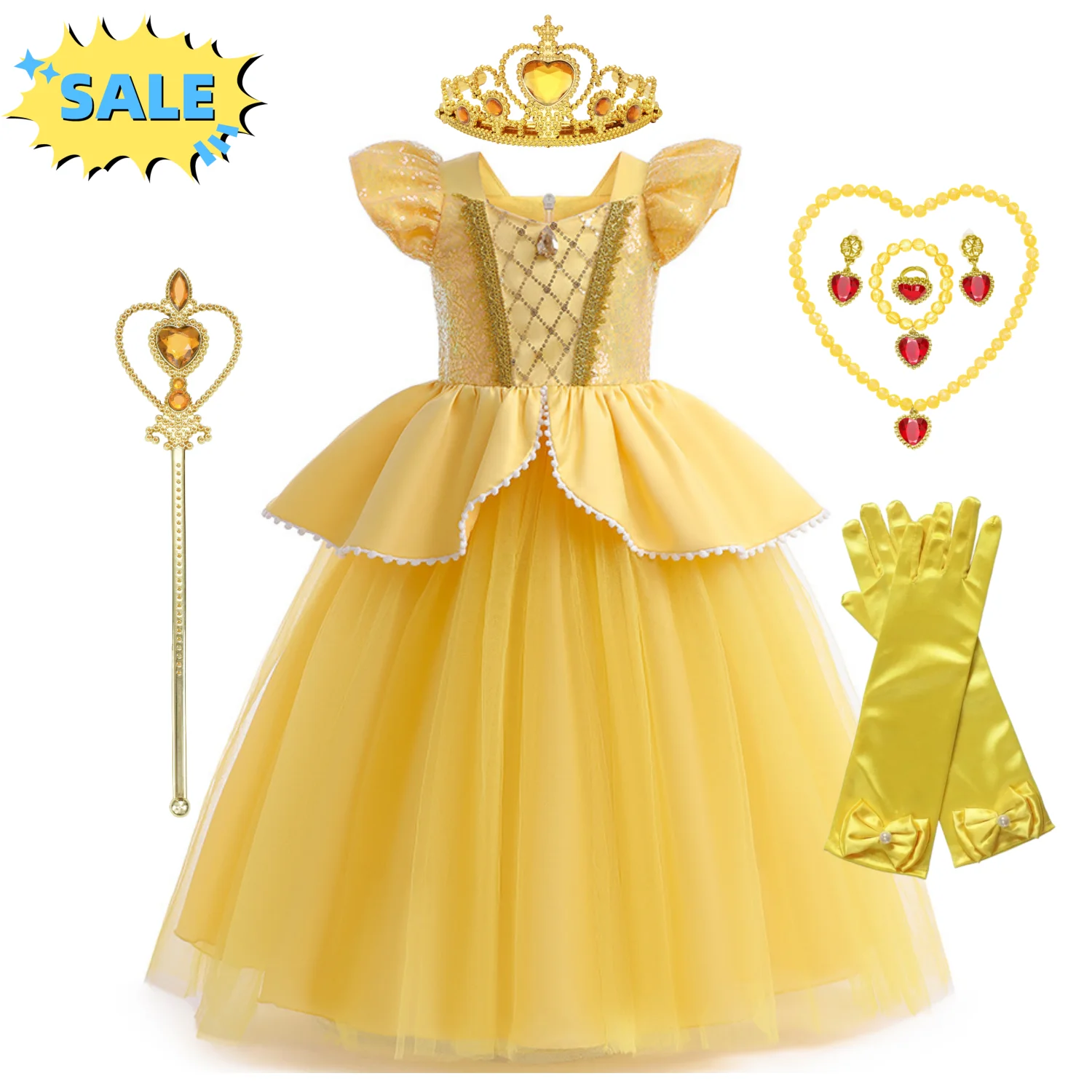 Girls Belle Princess Dress Beauty and the Beast Sequin Tulle Gown Kids Birthday Halloween Cosplay Party Dress image 3