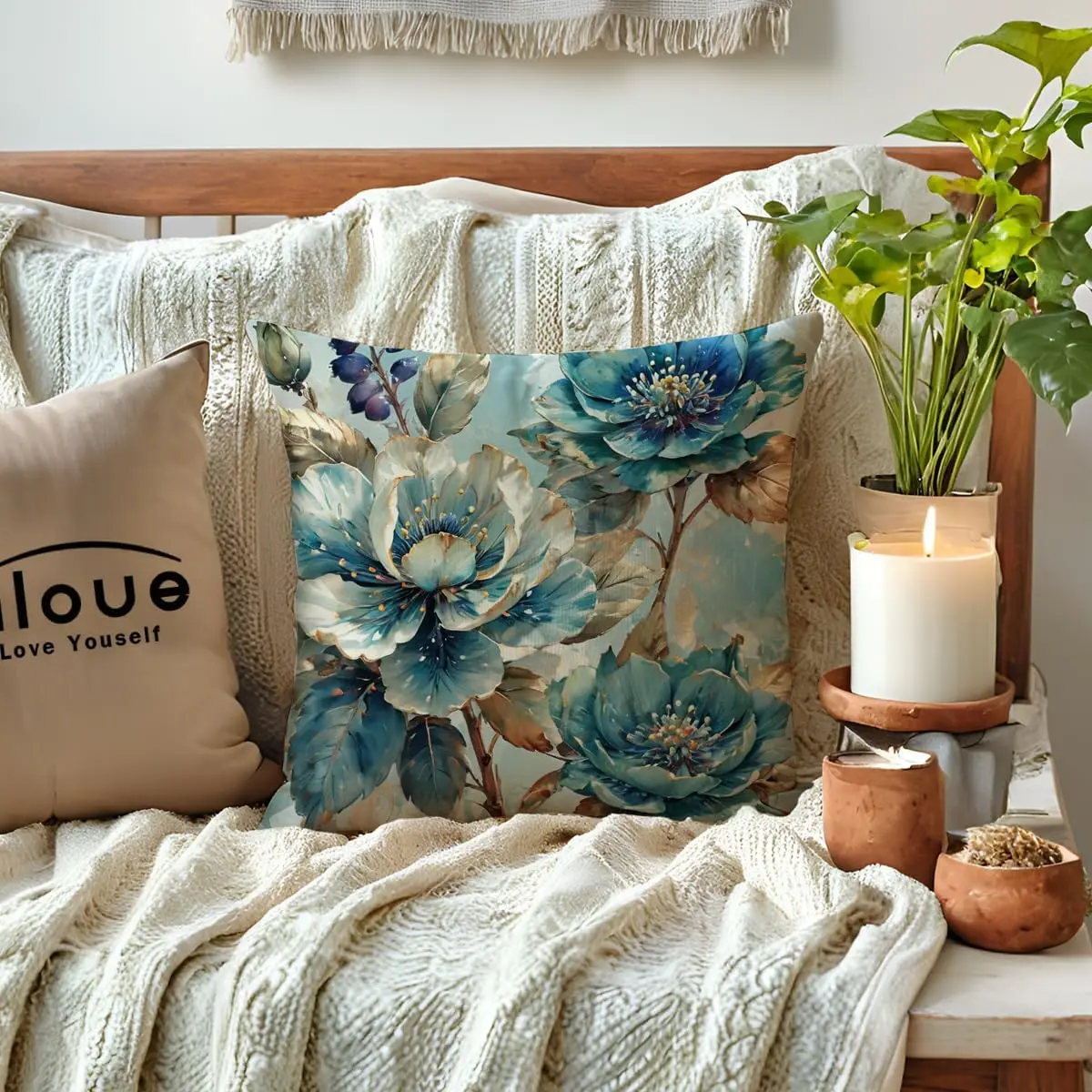 Beautiful Elegant Four Piece Floral Print Pillow Covers Set Botanical Blue Watercolor Bird Design Polyester Decorative Throw Cus
