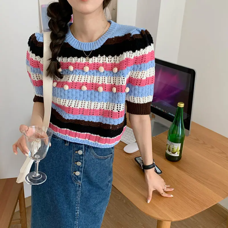 

Vintage Patchwork Summer Fashion Striped Knitted Hollow Out Tops Women's Elegant Puff Sleeve O-neck Loose Casual T-Shirt