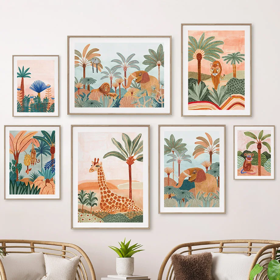 Boho Jungle Animals Tiger Monkey Giraffe Coconut Tree Poster Nursery Canvas Painting Wall Art Print Picture Baby Kids Room Decor