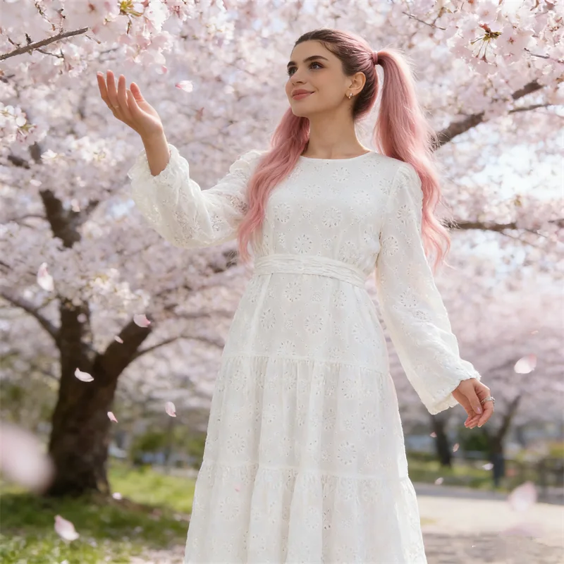 

White Embroidery Abaya Dubai Kaftan Women Belted Long Sleeve Muslim Dress Islam Evening Party Gown Arabic Robe Vestidos Jalabiya