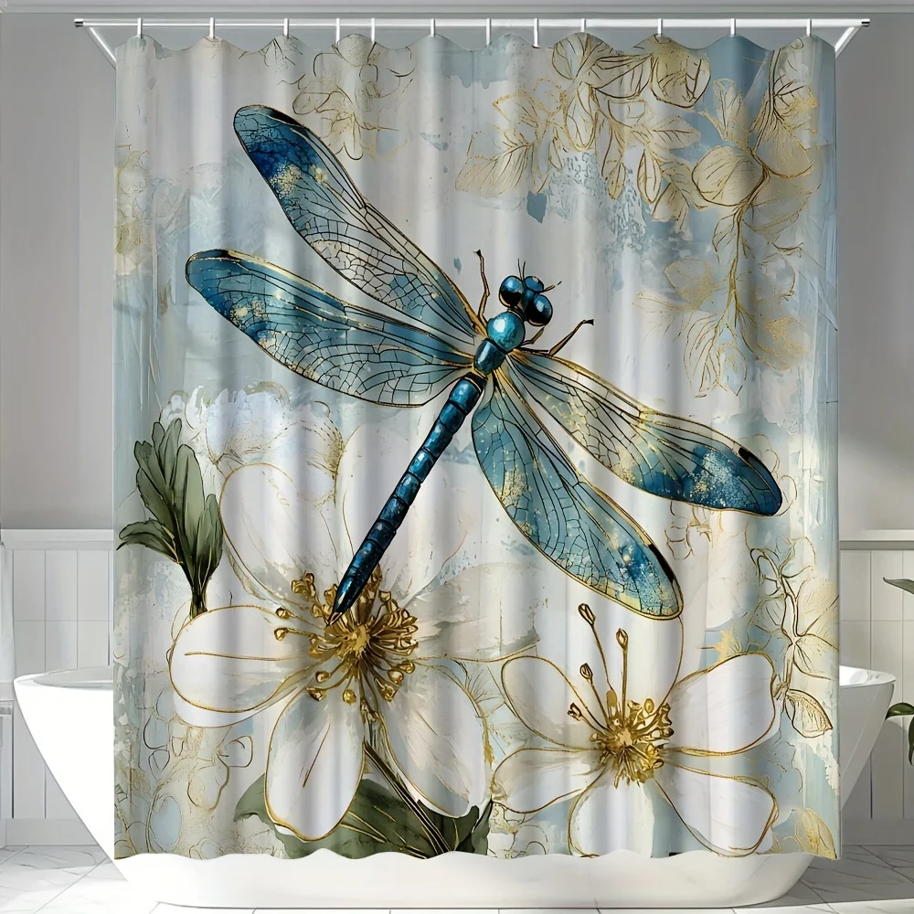 Elegant Floral Dragonfly Shower Curtain Blue White Animal Print Polyester with Hooks Modern Bathroom Decor