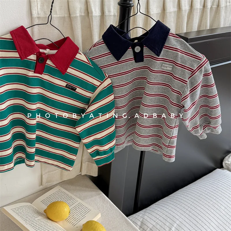 2025 Spring New Children Long Sleeve Striped T Shirts Cotton Boys Casual Polo Shirts Baby Girls Bottoming Shirts Kids Lapel Tops