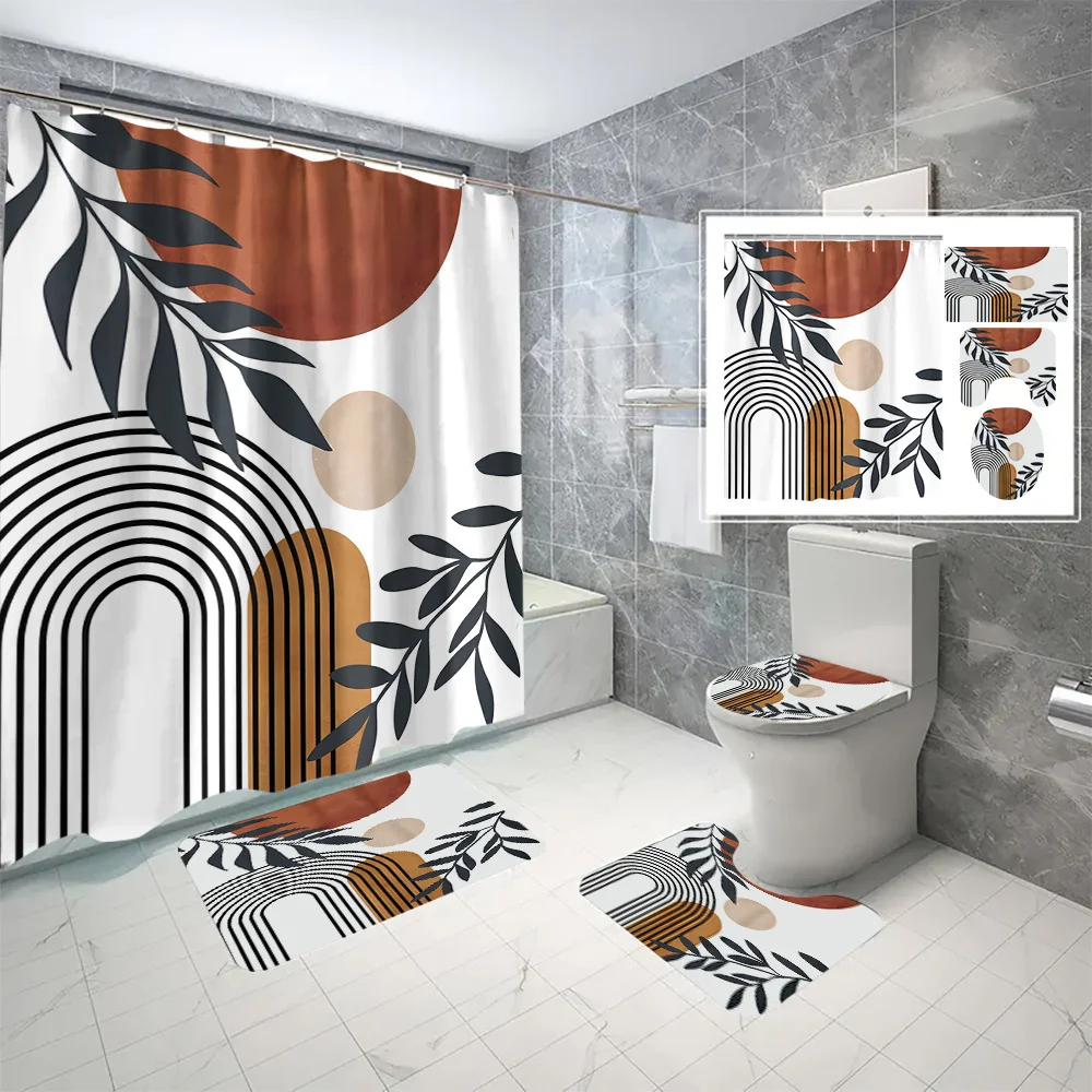 

4-Piece Modern Brown Pattern Digital Print Shower Curtain Set, Waterproof Polyester Bathroom Decor, with Hooks, Machine Washable