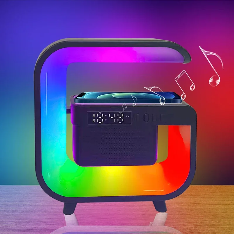 Suporte de carregador sem fio multifuncional, Bluetooth 5.0 Speaker, FM, TF, RGB, luz noturna, estação de carregamento rápido para Xiaomi, iPhone, Samsung