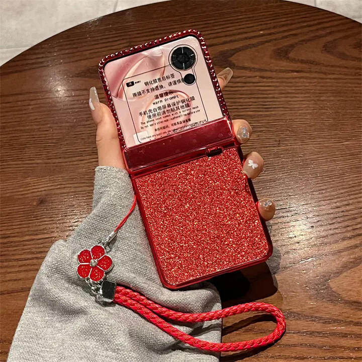 

Для Honor Magic V флип-чехол для телефона с гальваническим покрытием и бриллиантами, красный блеск, розовый чехол с веревкой и петлями, защитная пленка