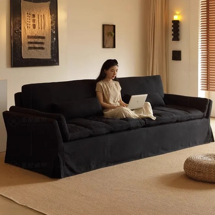 French retro wind wabi-sabi wind sub-cotton and linen sofa living room small apartment can be fully dismantled and washed