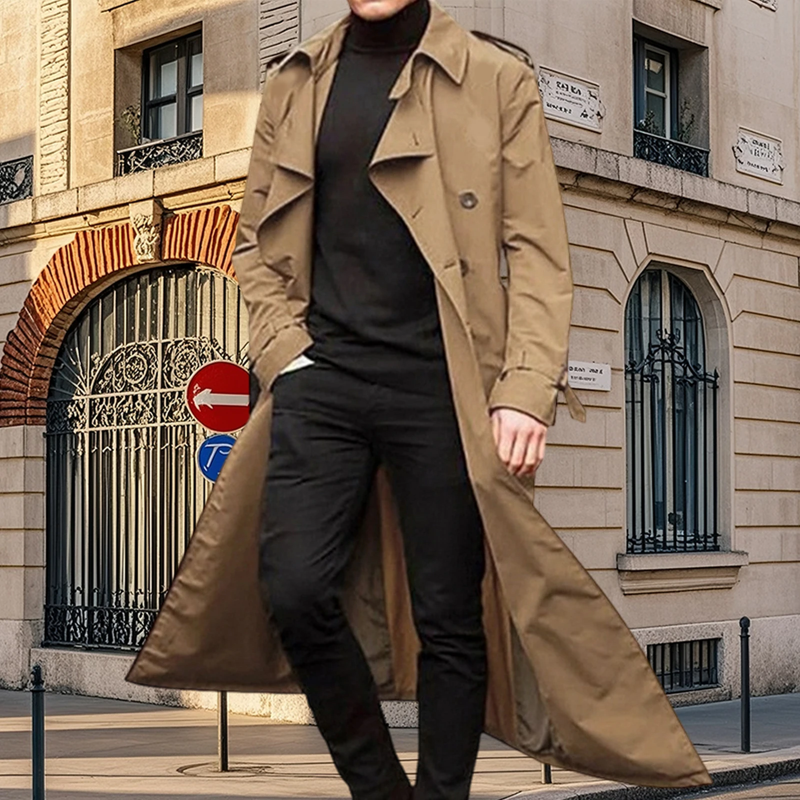 Chaqueta cortavientos con cinturón de color sólido con solapa de manga larga para otoño e invierno de primera calidad para hombre