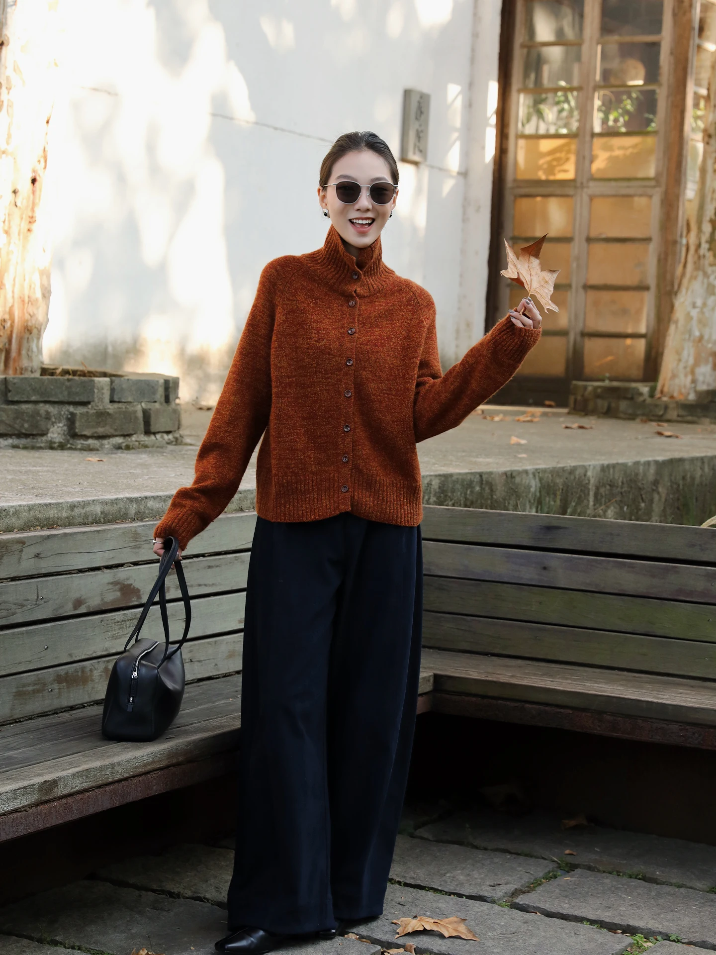 

Lu Knitted Cardigan with Flowered Wool And Rabbit Fur Collar for Women Soft Cozy Winter Outerwear Casual Sle Long Sve