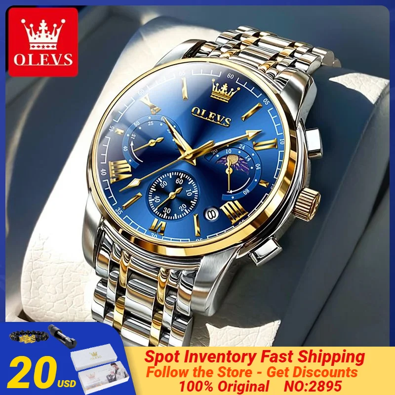 OLEVS 2895 reloj de fase lunar para hombre, multifunción, fecha, acero inoxidable, resistente al agua, esfera romana, cronógrafo, relojes de cuarzo