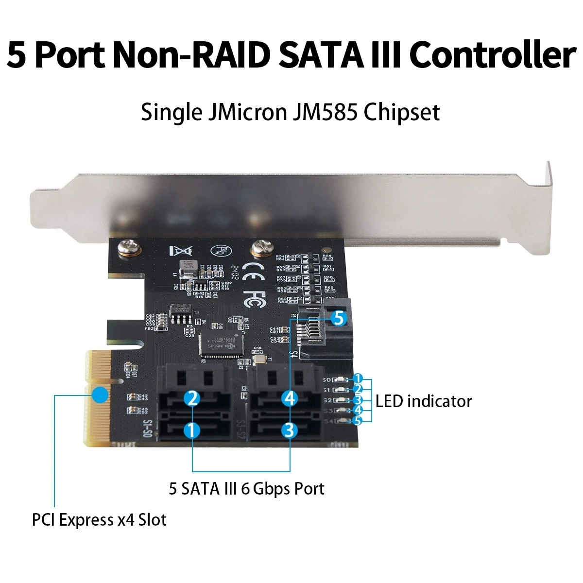 IOCREST PCIe Gen3 x4 slot to 5 Port SATA III 6Gbp/s Non-Raid Controller Card JMB585 Chipset Support Plug and Play with 3 Cables