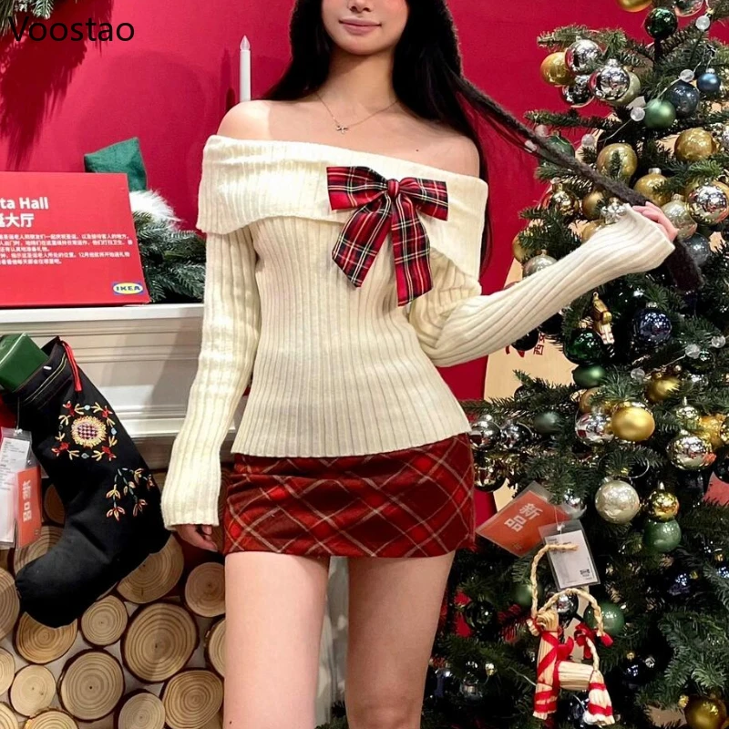 Autumn Winter Sweet Knitted Two Piece Sets Women Elegant Bow Sweater Tops Retro Plaid Mini Skirt Suit Harajuku Sexy Y2k Outfits