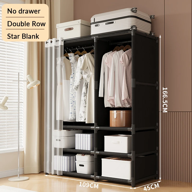 

1pcs Simple Wardrobe Cube Storage Cabinet Made Of Metal 4 Compartments Two Hanging Areas With Dustproof Curtains Stylish And Eas