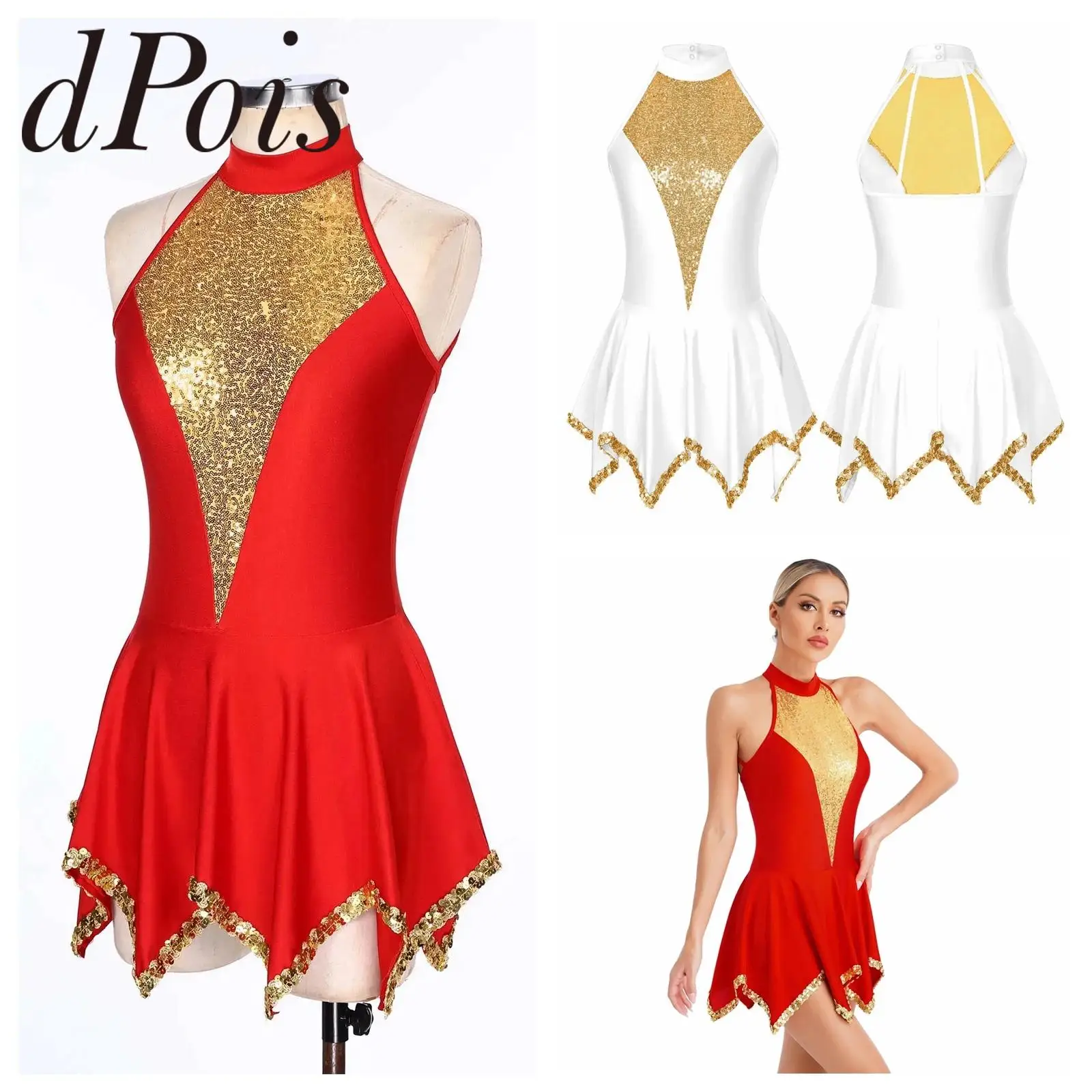 Womens Shiny Sequin Ballet Lyrical Dance Dress Halter Neck Sleeveless Ice Skating Clothes Prom Party Stage Performance Dancewear