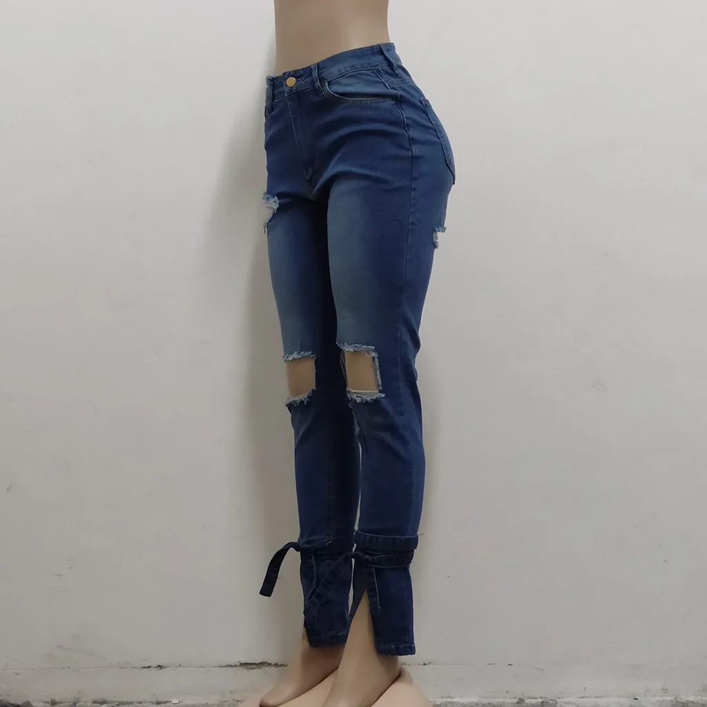 sexy fashion trend ripped trousers straps slim jeans for women