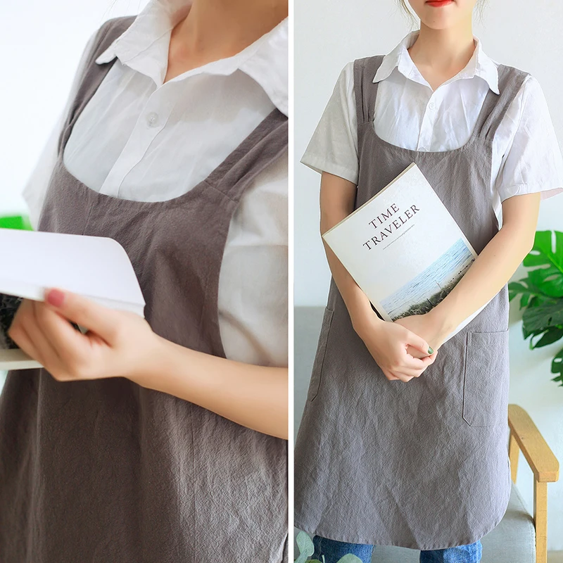 Japanese Women Apron Linen Apron Square Cross Linen Apron Washed Grey Brown Black Long Linen Aprons No Ties Household Cleaning