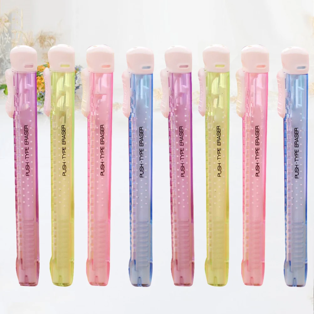 

8pcs Pen Shape Hand Press Erasers Funny Stationery School Supplies Office Accessories (Random Color)