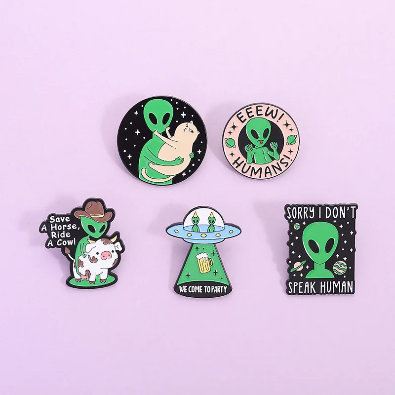 

Fun alien UFO spacecraft Enamel Pins Anime science fiction extraterrestrial space creatures Metal Brooches Badge Jewelry Gifts