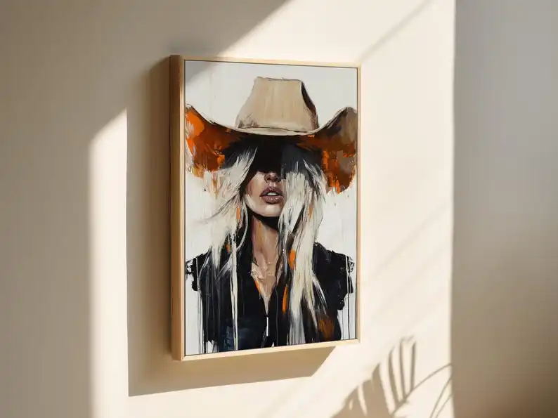 

2D/Flat Abstract Western Cowgirl Canvas Wall Art, Unframed Modern Blonde Woman in Cowboy Hat Canvas Prints for Living Room Decor