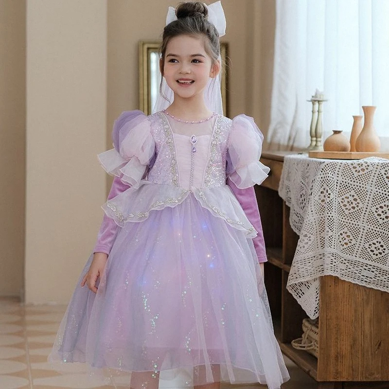 Vestido de Algodão Estilo Princesa com Manga Longa para Meninas, Roupas de Performance para Crianças, Saia Puff para Meninas,...