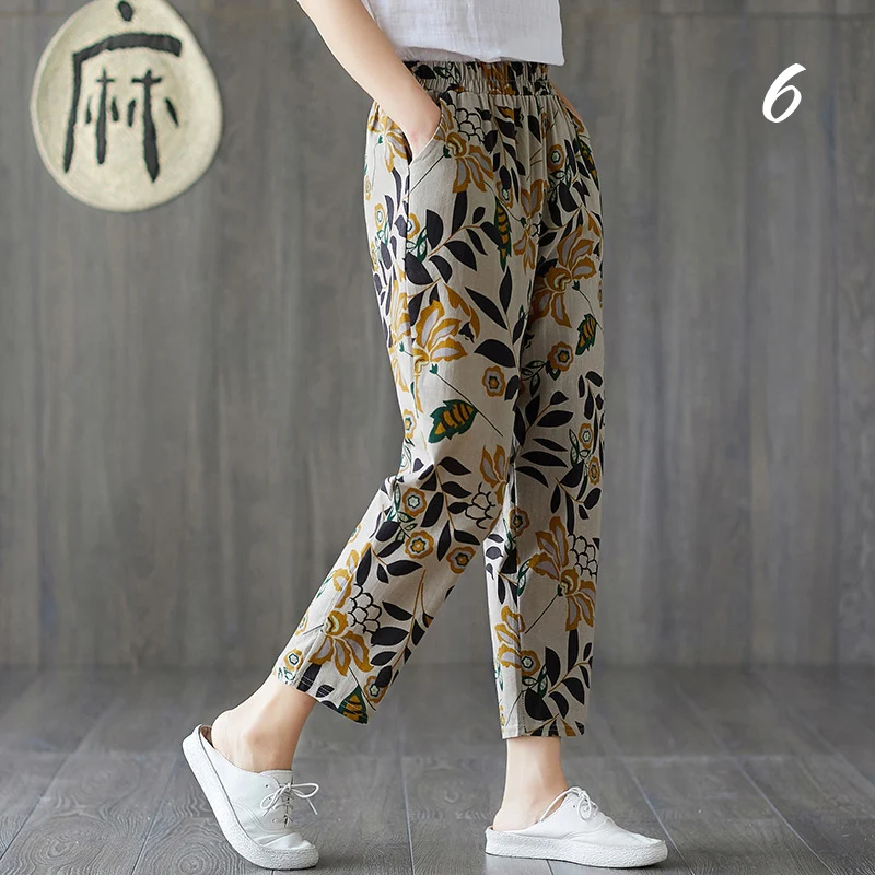 Women Summer Floral Printed Trousers Loose Vintage Imitation Cotton Linen Cropped Harem Pants Lady Streetwear Pants All-match