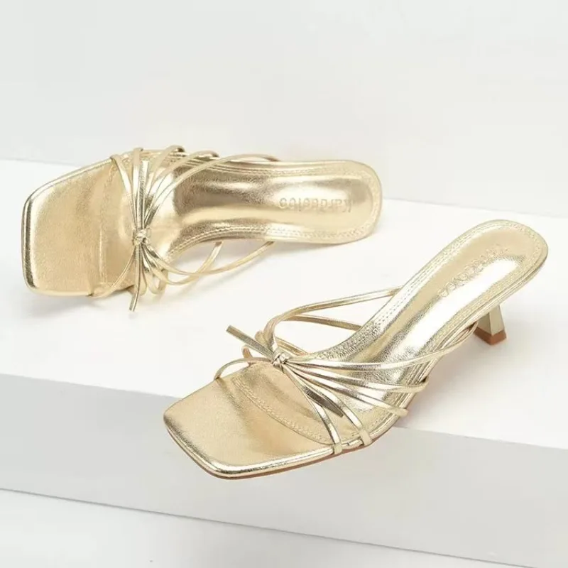 New Summer Thin Strap and Thin Heel Cool Mop Square Head Open Toe Outward Wear Slip-on Wear-resistant Mid-heel Women's Sandals